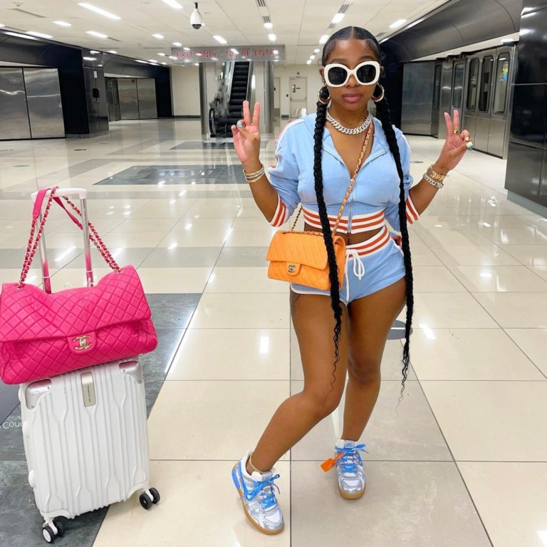 Jayda Cheaves Keeps It Comfy on Her Flight to Miami Wearing a Fashion Nova Blue Zip-Up Hoodie and Short Set