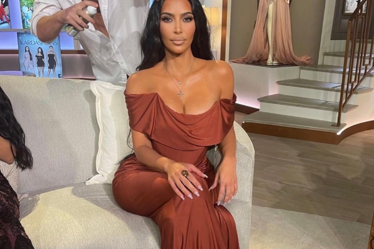 Kim Kardashian Preps for ‘Keeping Up With the Kardashians’ Reunion in Vivienne Westwood Copper Corset Off-the-Shoulder Dress and Manolo Blahnik Sandals