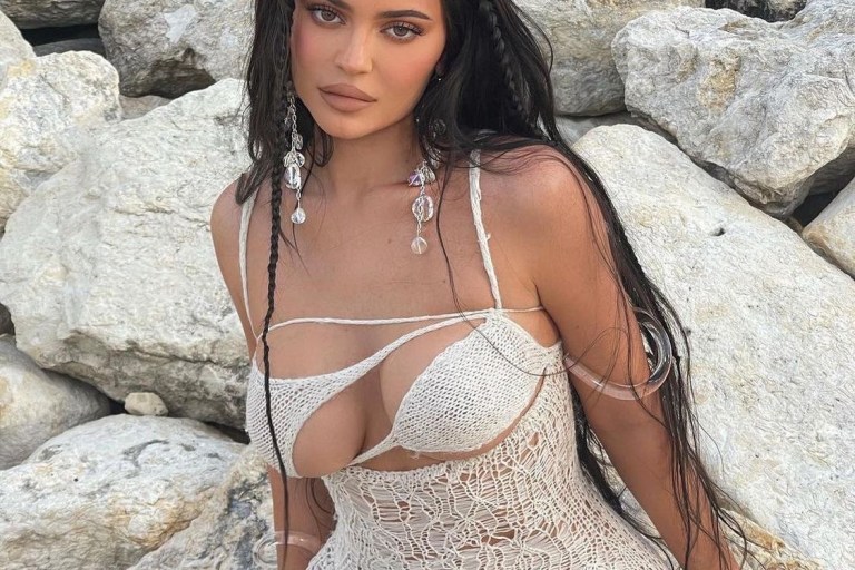 Kylie Jenner’s Kylie Skin Campaign Natalia Fedner Ivory White Crochet Cut Out Dress and BP Jewelry