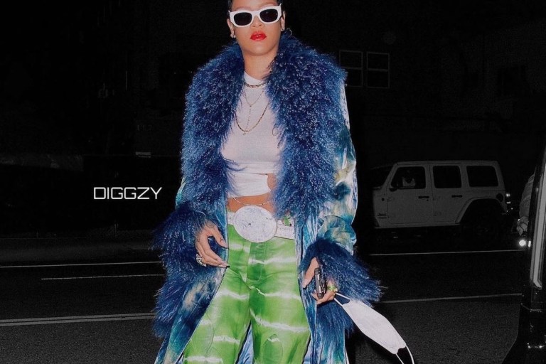 Rihanna Sports New Pixie Cut in LA Wearing Dior by John Galliano Fall 2000 Blue Tie-Dye Velvet Fur Jacket, Hyein Seo Cream Chain Top, Chrome Hearts Green Tie-Dye Leather Pants, R13 Western Buckle Belt and The Attico White Pumps