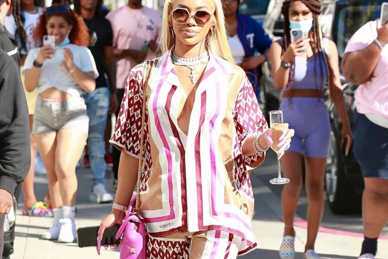 Saweetie Enjoys a Day of Shopping in Beverly Hills Wearing a Valentino Silk Shirt and Short Set