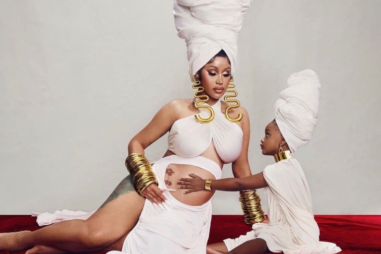 Cardi B Poses With Kulture for Maternity Shoot in Custom Sir Baba Jagne White Looks and Jolleson Headpieces