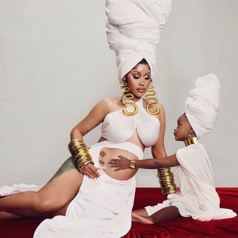 Cardi B Poses With Kulture for Maternity Shoot in Custom Sir Baba Jagne White Looks and Jolleson Headpieces