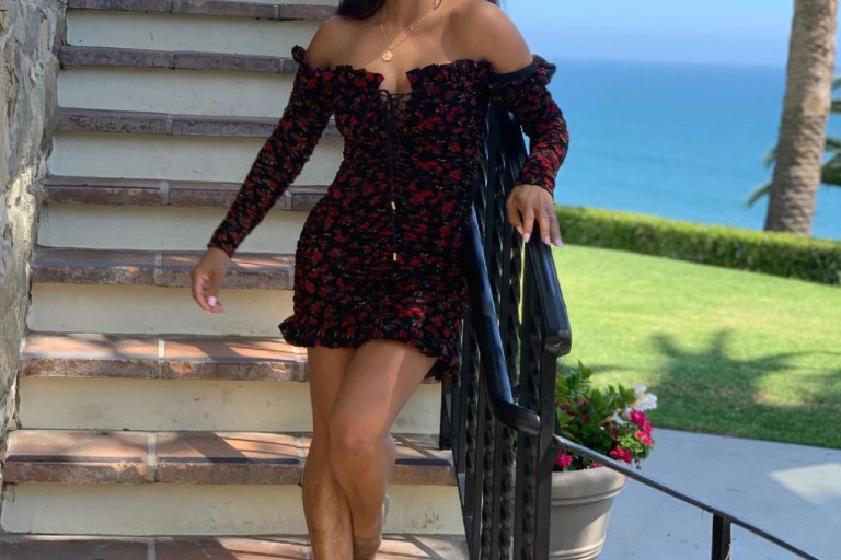Christina Milian Beams in Floral Off-the-Shoulder Mini Dress by Fashion Nova