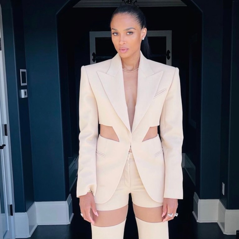 Ciara Gives Us a Runway Strut in Mugler Beige Cutout Blazer and Sheer Panel Pants