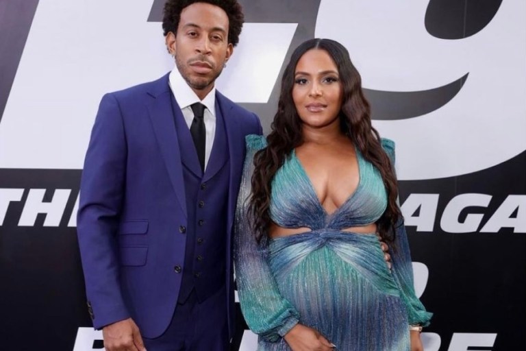 Eudoxie Attends the ‘Fast and Furious 9’ Premiere in LA With Ludacris Wearing PatBo Blue-Green Ombré Cutout Maxi Dress