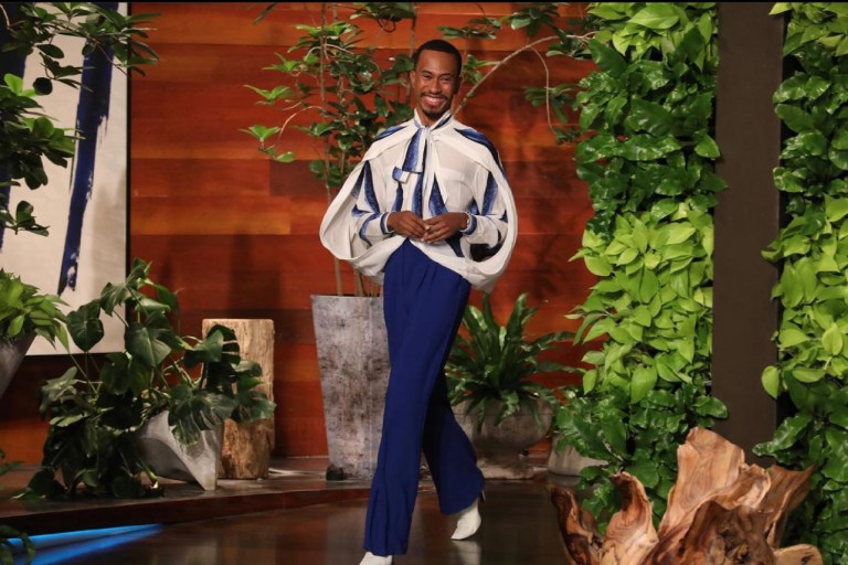 You Ask, We Answer! Kalen Allen Co-Hosts The Ellen Show for Juneteenth Wearing a Burberry Blue and White Bow Detail Blouse and Express Blue Pants