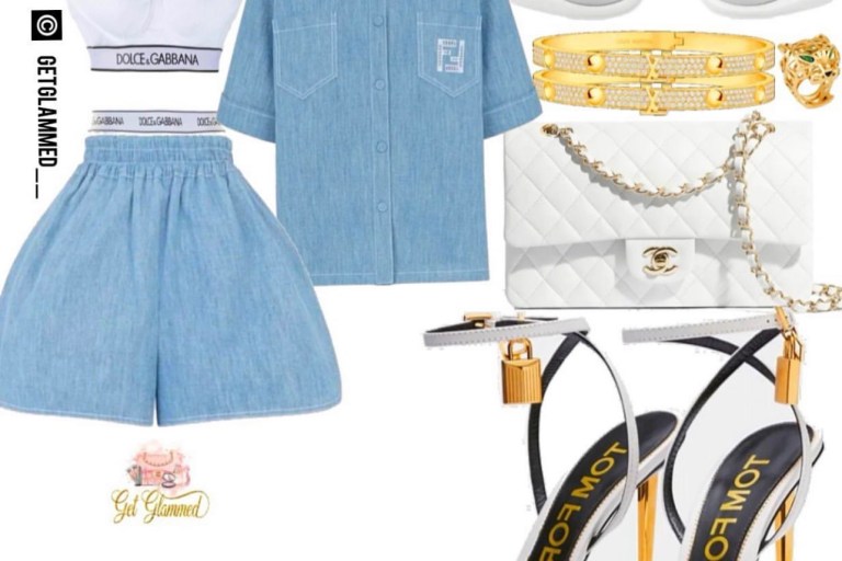 Style Inspiration: ‘We’re Outside’ Look by GetGlammed Featuring Fendi Denim Short Sleeve Top and Wide Leg Shorts, Dolce and Gabbana Bralette and Panty Set, Tom Ford White Padlock Heels, Loewe White Sunglasses, and Chanel White Quilted Flap Bag