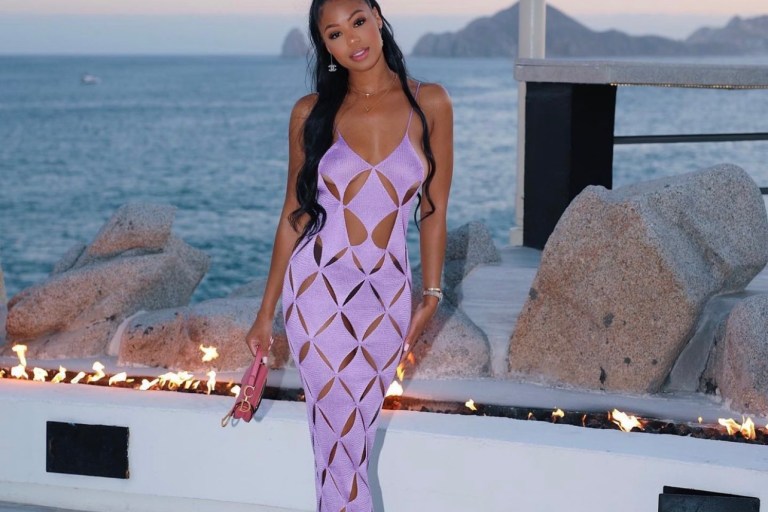 You Ask, We Answer! Teaira Walker Enjoys Vacation Wearing SSENSE Exclusive Isa Boulder Lavender Purple Cutout Argyle Dress