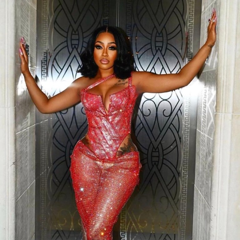 Yung Miami Shimmers in Custom Sir Baba Jagne Pink Crystal One Shoulder Corset and Maxi Skirt for Quality Control Music CEO P’s After Party