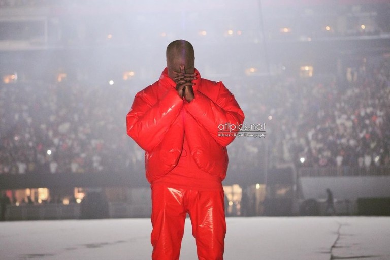 Kanye West Debuts Donda Album in Atlanta in All Red Yeezy x Gap Look + Kim and Khloe Kardashian Attend in Rick Owens