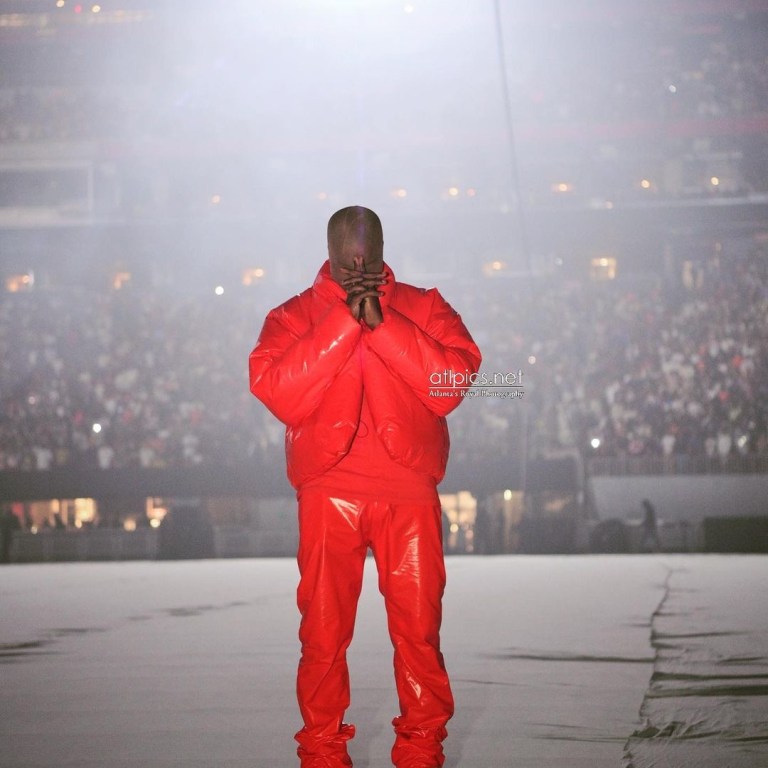 Kanye West Debuts Donda Album in Atlanta in All Red Yeezy x Gap Look + Kim and Khloe Kardashian Attend in Rick Owens