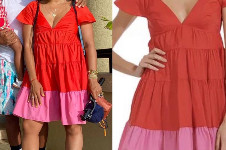 Wardrobe Inquiry: Tia Mowry’s Birthday Staud Pink and Red Colorblock Dress