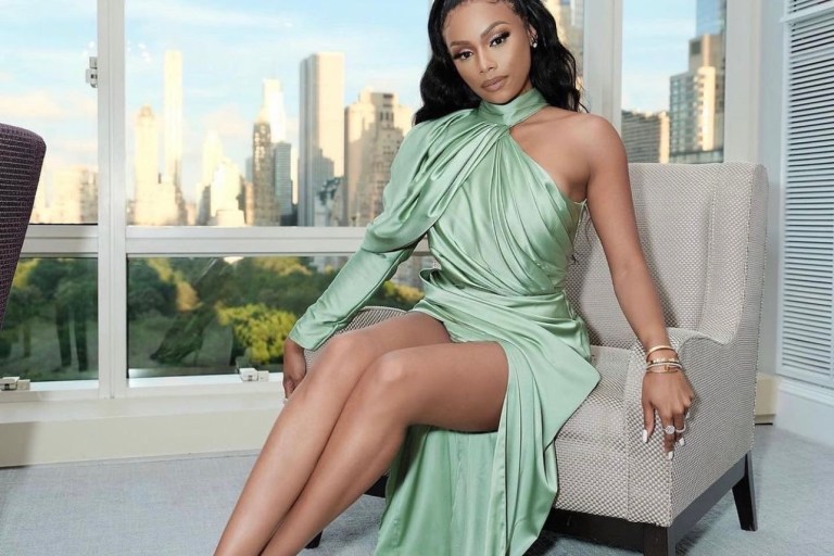 Bonang Matheba Celebrates Her Birthday in New York Wearing Dona Matoshi Mint Single Sleeve Dress