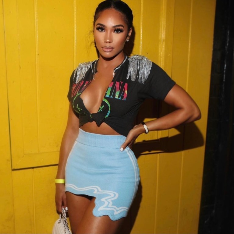 Cuban Link Steps Out in a Reconstructed Crystal-Embellished Nirvana T-Shirt and Asymmetrical Blue Skirt by A.L Luxe Couture