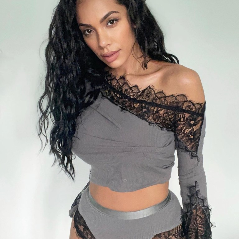 Erica Mena Lounges in Fashion Nova Grey Lace Trim PJ Set