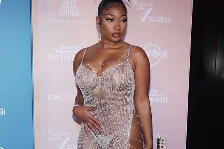 Megan Thee Stallion Shimmers in Crystal and Chain Dress by Natalia Fedner and Black Studded Look by Rey Ortiz for Sports Illustrated Swimsuit 2021 Launch Party