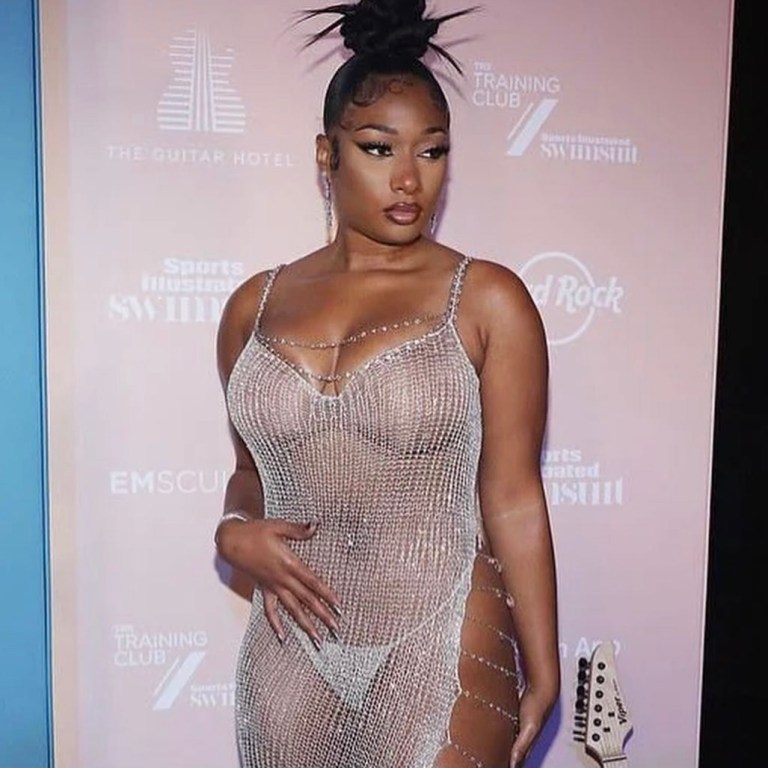 Megan Thee Stallion Shimmers in Crystal and Chain Dress by Natalia Fedner and Black Studded Look by Rey Ortiz for Sports Illustrated Swimsuit 2021 Launch Party