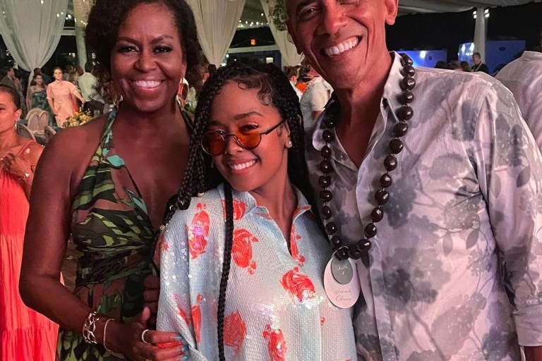 Barack Obama wears $650 Fendi Floral Shirt to Celebrate his 60th Birthday Party with Michelle Obama in Custom Dundas and HER in Lanvin