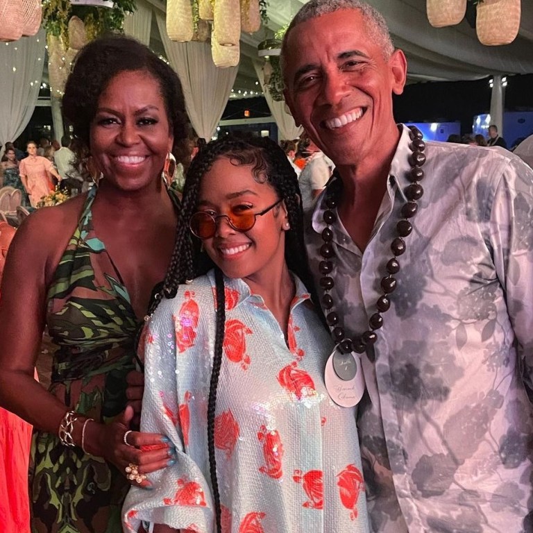 Barack Obama wears $650 Fendi Floral Shirt to Celebrate his 60th Birthday Party with Michelle Obama in Custom Dundas and HER in Lanvin