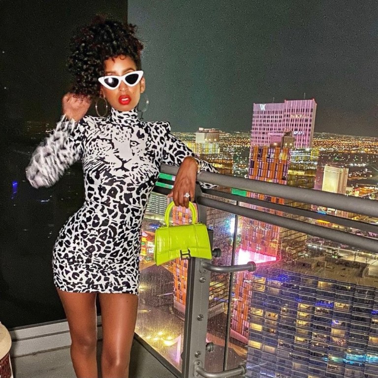 Wardrobe Inquiry: Askale Davis Enjoys Las Vegas in Alex Perry Black and White Leopard Print Mini Dress