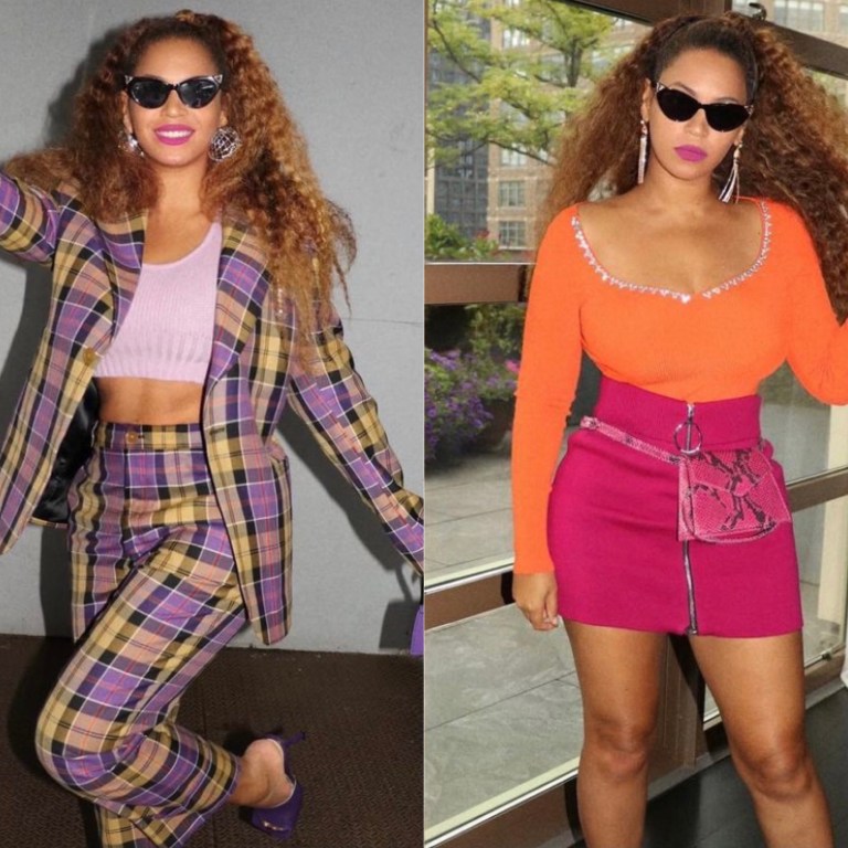 Beyoncé Shares Two New Looks Wearing Vivienne Westwood Checkered Pantsuit and Area Orange Crystal Trim Bodysuit With Pink Zippered Mini Skirt