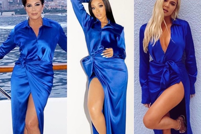 Celebs Love: Monica, Kris Jenner, and Khloe Kardashian Spied in Balenciaga Blue Satin Blouse and Wrap Maxi Skirt