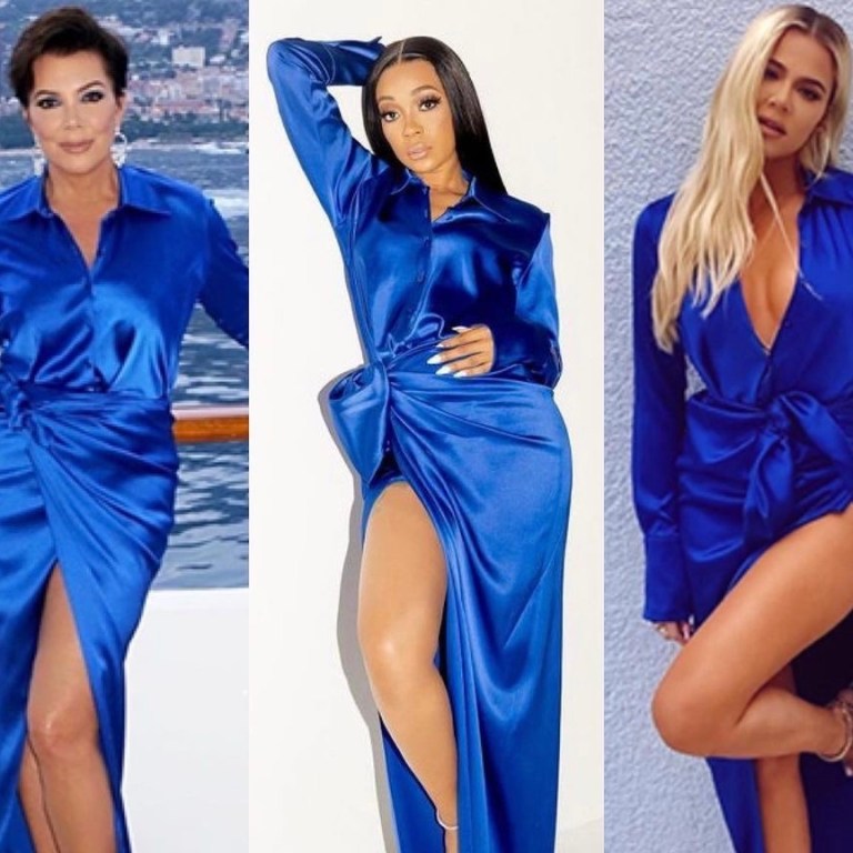 Celebs Love: Monica, Kris Jenner, and Khloe Kardashian Spied in Balenciaga Blue Satin Blouse and Wrap Maxi Skirt