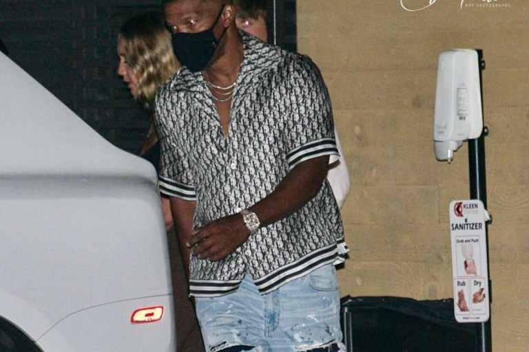 Fashion Bomb Men: Jamie Foxx Grabs Dinner in Malibu Wearing Dior Monogram Silk Shirt and Alexander McQueen White Sneakers