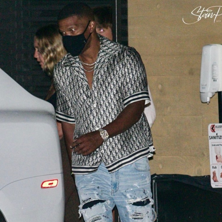 Fashion Bomb Men: Jamie Foxx Grabs Dinner in Malibu Wearing Dior Monogram Silk Shirt and Alexander McQueen White Sneakers
