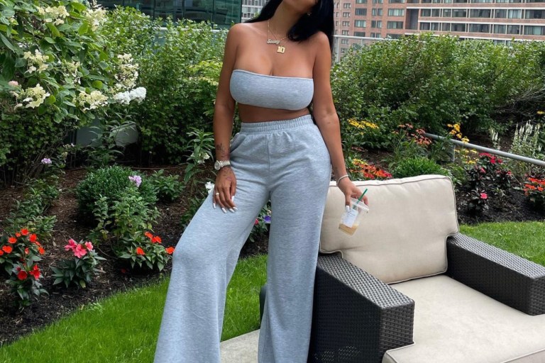 Johanna Leia Spotted Chilling in Grey Tube Top and Sweatpants From Fashion Nova