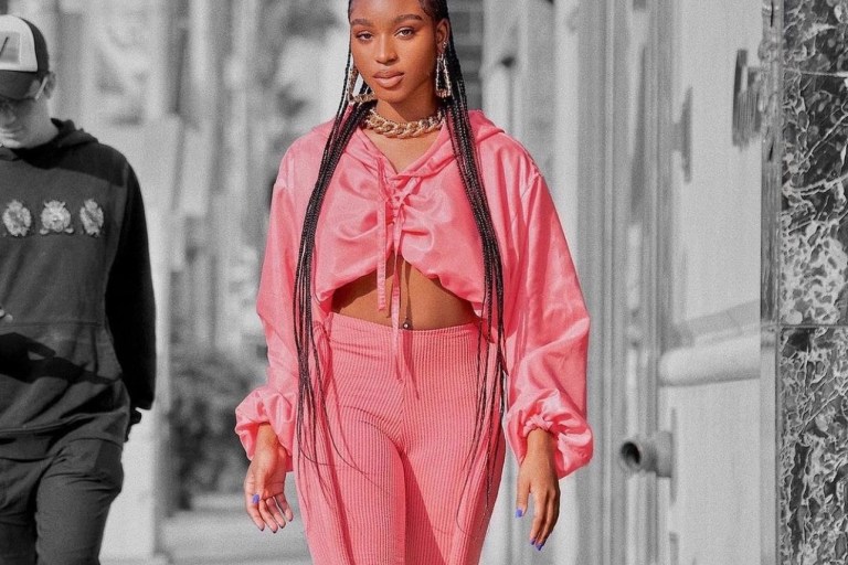 Normani Struts on Rodeo Drive Rocking a Pink Cropped Hoodie and Capri Leggings by TLZ L’Femme