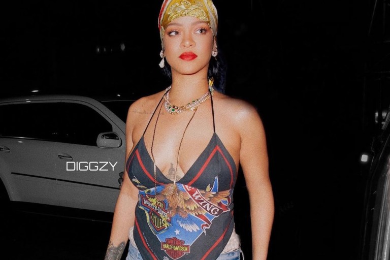 Rihanna Delivers Y2K Style Moment in Conner Ives Reconstructed Harley Davidson Bandana Style Top and Balenciaga Distressed Jeans