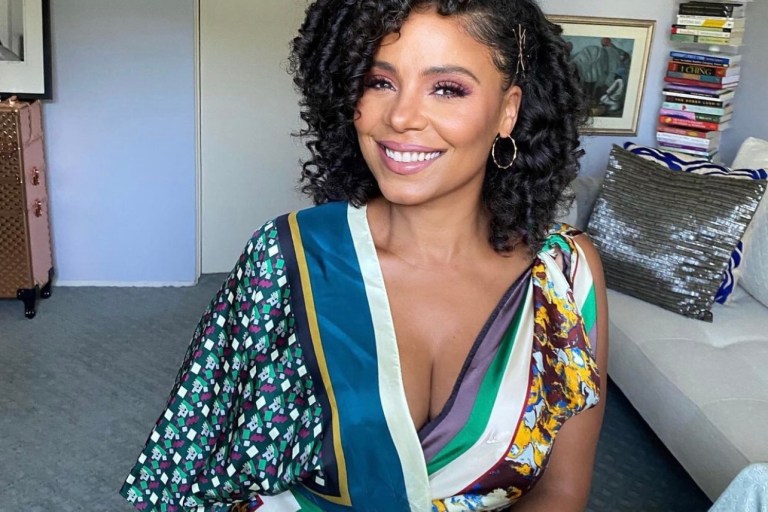 Wardrobe Inquiry: Sanaa Lathan Beams in Zara V-Neck Printed Silk Dress While Doing Press for Netflix’s ‘Hit and Run’