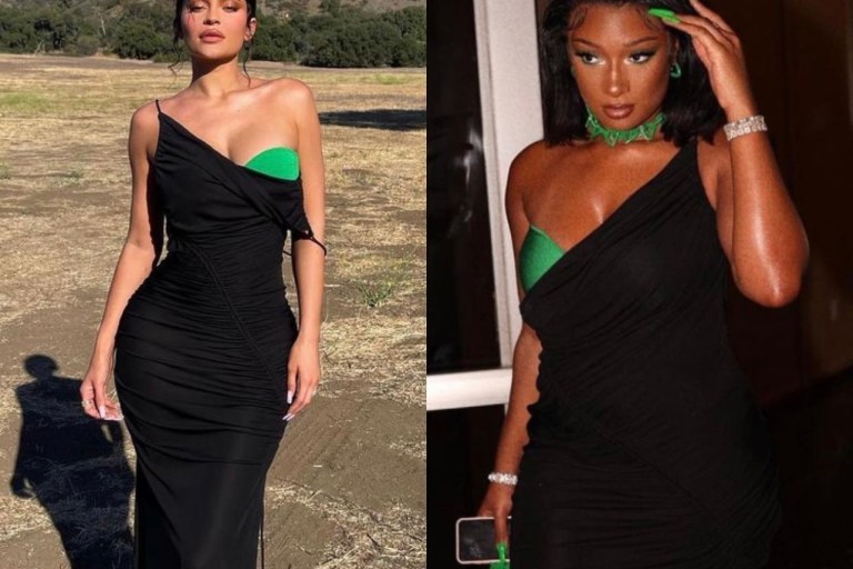 Celebs Love: Kylie Jenner, Megan Thee Stallion, and Rafa Kalimann Spied in Bottega Veneta Black and Green Jersey Maxi Dress