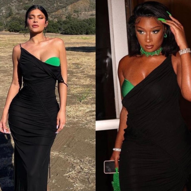 Celebs Love: Kylie Jenner, Megan Thee Stallion, and Rafa Kalimann Spied in Bottega Veneta Black and Green Jersey Maxi Dress