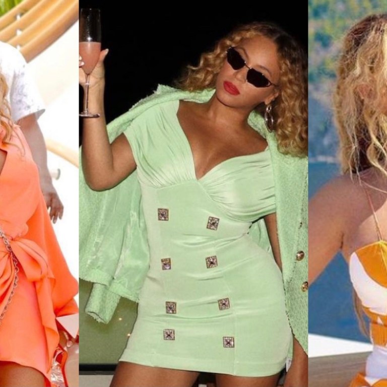 Beyoncé Delivers Endless Vacation Looks During Family Trip to Europe: ‘Bey’-Cation Style Featuring Balmain Green Dress and Blazer, David Koma Orange Chain Detail Wrap Dress, Rowen Rose Orange and White Strapless Romper, and Valentino Black and White Outfit