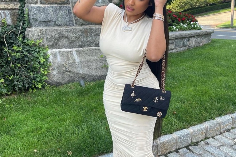 Ella Rodriguez Goes for a Cream Look Featuring Fashion Nova Ruched Midi Dress