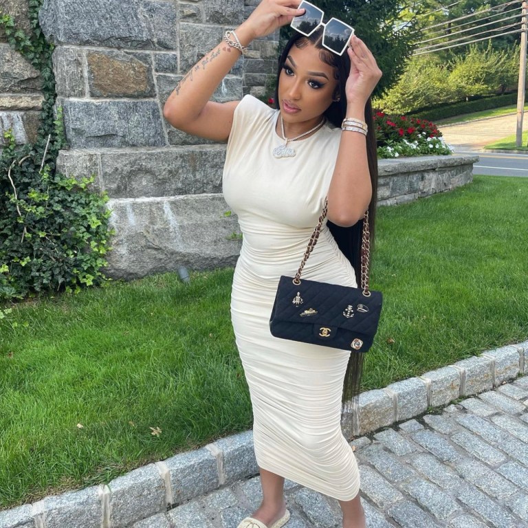 Ella Rodriguez Goes for a Cream Look Featuring Fashion Nova Ruched Midi Dress