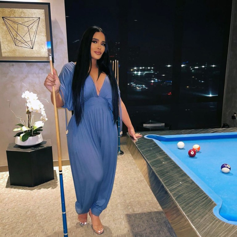 Emily B Enjoys a Game of Pool Wearing Flowy Blue Jumpsuit by Fashion Nova