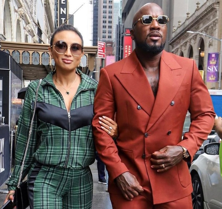Wardrobe Inquiry: Jeannie Mai Hits the Streets With Jeezy During New York Fashion Week Wearing Chiara Boni La Petite Robe Green Plaid Zip Up Jacket and Wide Leg Pants