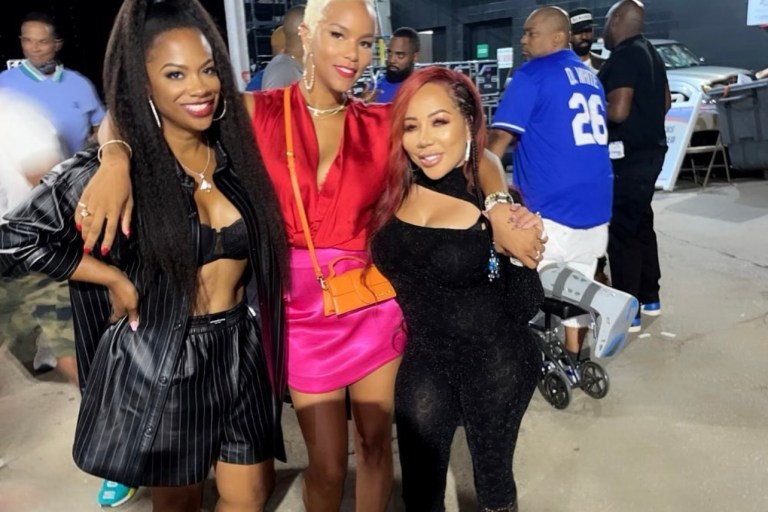 Kandi Burruss Spotted in Alexander Wang Pinstripe Leather Shirt and Shorts With LeToya Luckett and Tiny Harris at D-Nice’s Club Quarantine Live in Atlanta