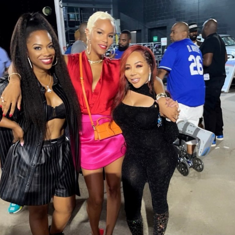 Kandi Burruss Spotted in Alexander Wang Pinstripe Leather Shirt and Shorts With LeToya Luckett and Tiny Harris at D-Nice’s Club Quarantine Live in Atlanta
