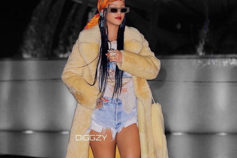 Rihanna Spied Looking for Locations in LA for Next Project Wearing Bottega Veneta Shearling Coat and Bag, Iron Maiden Graphic Tee, Denim Shorts, and Aimé Leon Dore x New Balance Sneakers