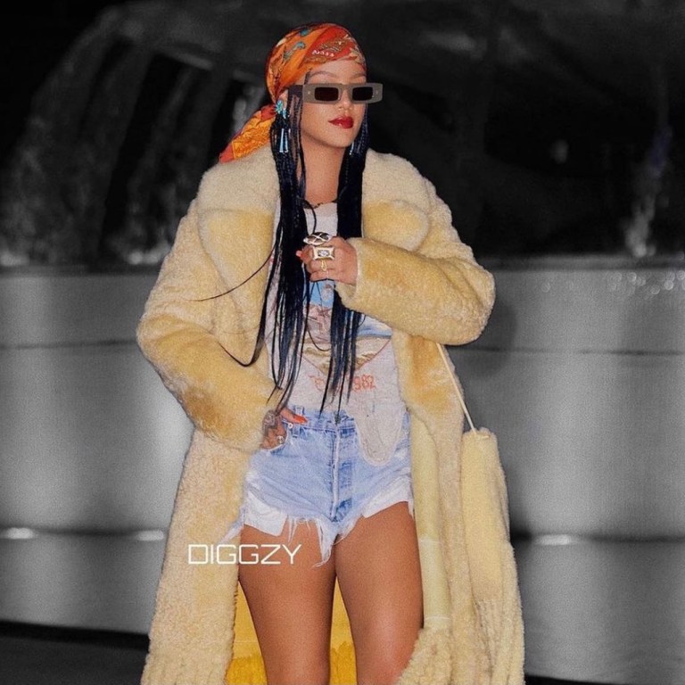 Rihanna Spied Looking for Locations in LA for Next Project Wearing Bottega Veneta Shearling Coat and Bag, Iron Maiden Graphic Tee, Denim Shorts, and Aimé Leon Dore x New Balance Sneakers