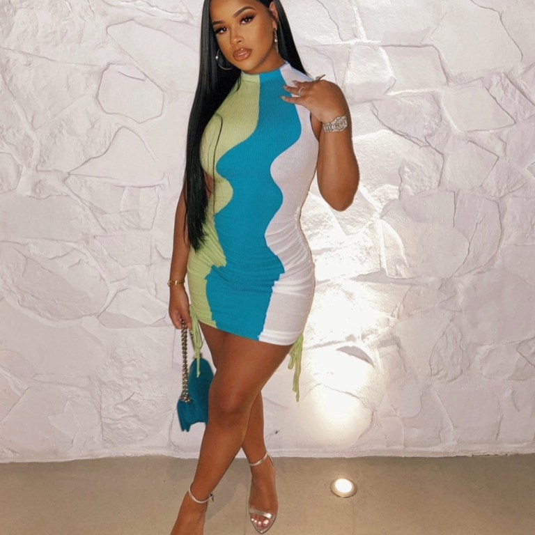Taina Williams Spotted Out in Miami Wearing Fashion Nova Colorblock Sleeveless Mini Dress