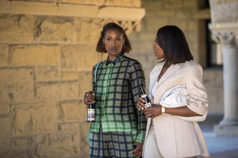 Insecure Season 5 Episode 1 Fashion Credits: Issa Rae in Green Plaid Ombre Dries van Noten, Amanda Seales in Gucci Pink and Green, and Yvonne Orji in Peach Sally LaPointe!