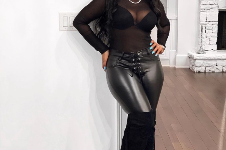 Angela Simmons Opts for All Black Look Featuring Fashion Nova Black Lace-Up Leather Pants