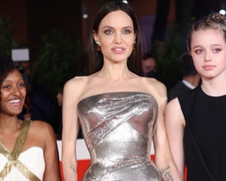 Angelina Jolie Attends the Premiere of ‘Eternals’ During the 2021 Rome Film Festival With Daughters Zahara and Shiloh Wearing Atelier Versace Metal Mesh Strapless Dress