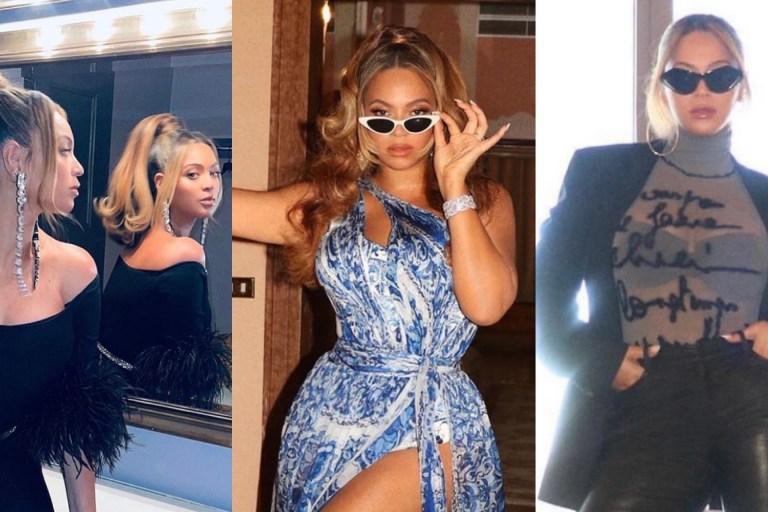 Beyoncé Graces Our Instagram Feeds With Three New Looks Wearing Custom Dolce and Gabbana Blue and White Tile Print Dress, Saint Laurent Black Feather Trim Ribbed Romper, and Vintage Jean Paul Gaultier Mesh Turtleneck Top and Alice and Olivia Leather Flared Pants